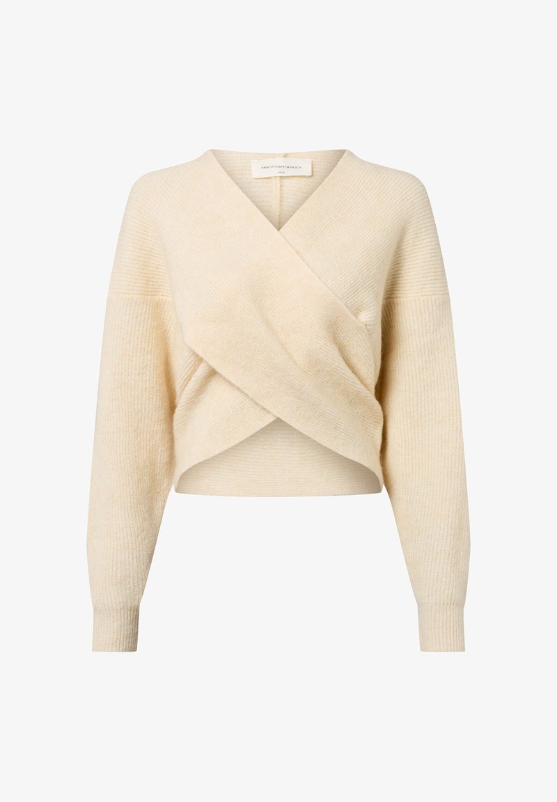 Cremfarbener Wickelpulli aus strukturiertem Stoff mit langen Ärmeln, V-Ausschnitt und cropped Saum. Besitzt eine geschichtete Optik auf der Vorderseite.