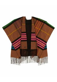 Poncho marron à motifs avec franges, arborant de vives rayures roses, bleues et vertes, fabriqué en matériau doux, offrant un design confortable.