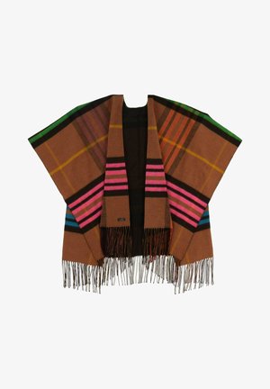 Brown patterned poncho with fringe, featuring vibrant pink, blue, and green stripes, made of soft material, offering a cozy design.