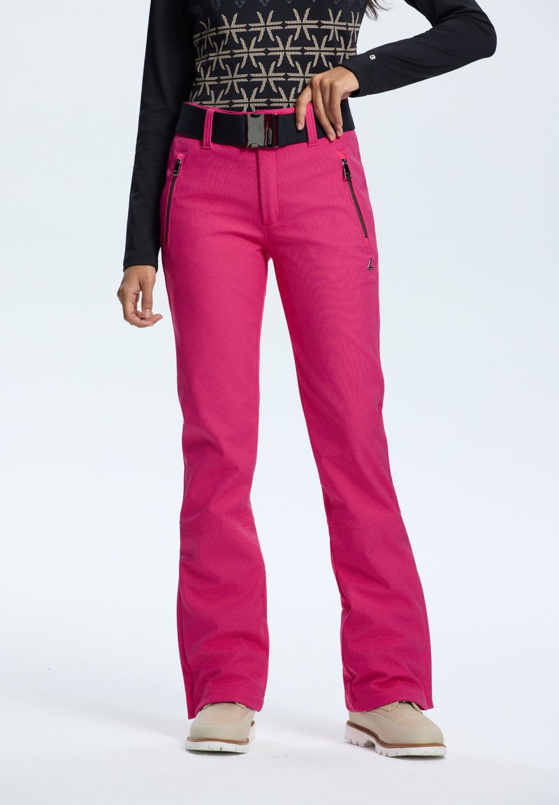 Bright pink snow pants made of durable material, featuring a high waistband, zippered pockets, and a sleek design. Accented with a black belt.