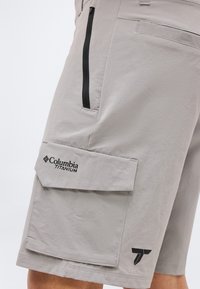 Ανοιχτό γκρι σορτς Columbia Titanium με φερμουάρ στην πλαϊνή τσέπη και μεγάλη τσέπη cargo με καπάκι στον μηρό, φορεμένα από ένα άτομο.