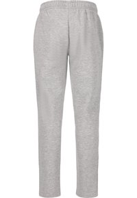 Grå bomullsjoggingbyxor med elastisk midja, tapered ben-design och en mjuk yta. Inga synliga fickor eller ytterligare detaljer.