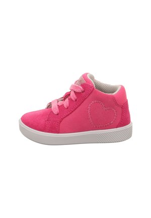 Pink suede high-top shoe with white rubber sole, featuring pink laces and a heart stitched on the side. Soft texture and rounded shape.