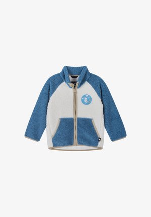 Veste polaire zippée pour enfants avec manches bleues, devant blanc, deux poches bleues et un écusson rond représentant un dessin animé d’ours et de tigre.
