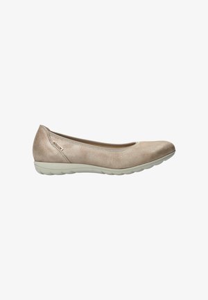 Ballerine femme en cuir beige texturé avec bout arrondi et semelle blanche flexible, conçue pour un confort décontracté.