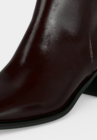 Gros plan d’une botte cheville en cuir brun foncé poli avec un bout pointu et un petit talon noir sur fond blanc.