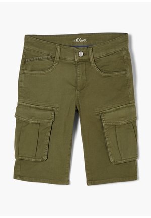 Olivgrüne knielange Cargoshorts mit Knopfverschluss, Gürtelschlaufen, Vordertaschen und zwei großen Klapp-Cargotaschen auf jeder Seite.
