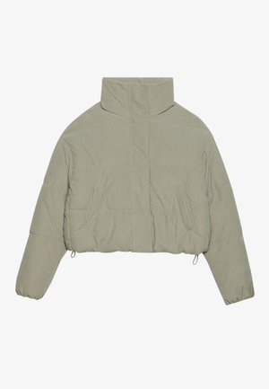 Geknipte puffer jack in lichtgroene corduroy. Voorzien van een hoge kraag, drukknopen en twee voorzakken. Gladde textuur met ribbelpatroon.