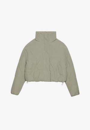 Cropped puffer jacket in light green corduroy. Features high collar, snap buttons, and two front pockets. Smooth texture with ribbed design.