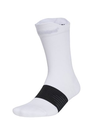 White athletic sock featuring a black band around the midfoot, made of a smooth, stretchy material with ribbed accents.