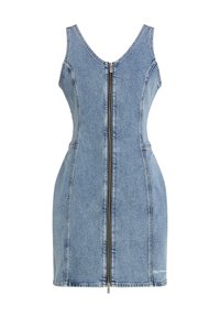 Denim obleka ima prilega zasnovo z sprednjim zadrgo, brez rokavov in svetlo modro barvo. Gladka tekstura z vidnimi šivi.