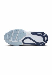 Suola della scarpa con un design testurizzato in blu e bianco, caratterizzata da diversi motivi per una migliore aderenza e supporto. Accenti curvi sui lati.