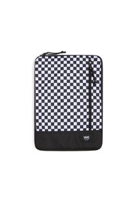 Funda para portátil a cuadros en blanco y negro con una sección inferior negra, que cuenta con un cierre de cremallera y una etiqueta de Vans. Tela suave, diseño rectangular.