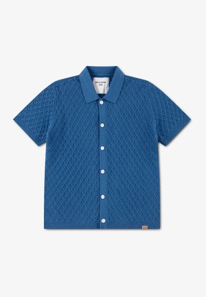 Polo en maille bleu à manches courtes avec boutons, texture à motif losange et col côtelé, de la collection Abercrombie Kids.