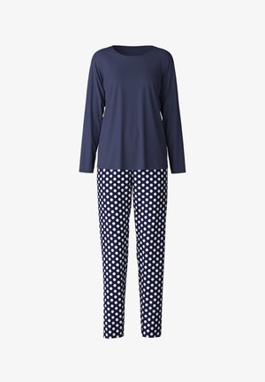 Navy long-sleeve top with a round neckline paired with white polka-dotted navy trousers, made from soft, smooth fabric with a relaxed fit.
