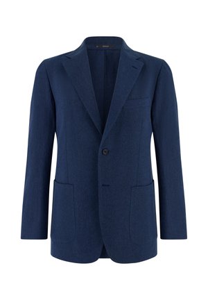 Blazer pour homme bleu marine à un bouton avec revers crantés, trois poches extérieures et manches longues.