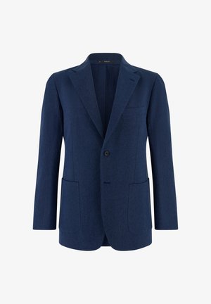 Blazer pour homme bleu marine à un bouton avec revers crantés, trois poches extérieures et manches longues.