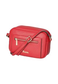 Rode gestructureerde schoudertas met twee ritscompartimenten, gouden hardware en een verstelbare strap. Bevat subtiele branding op de voorkant.