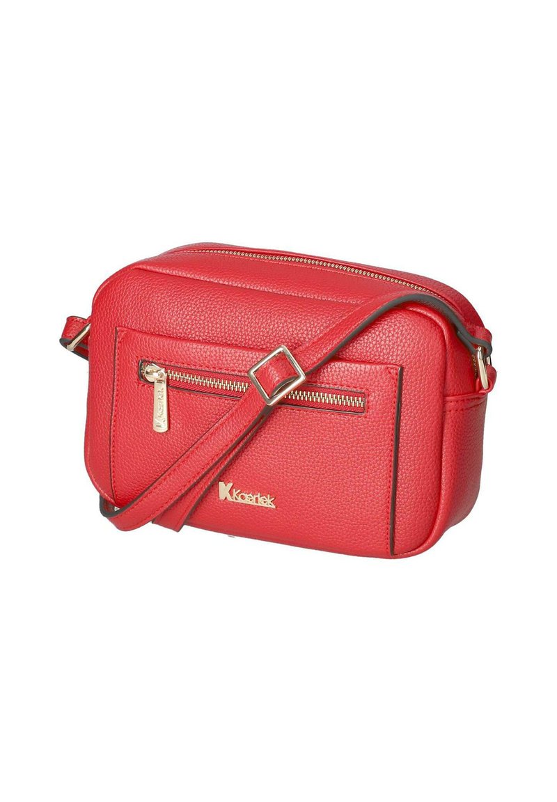 Rode gestructureerde schoudertas met twee ritscompartimenten, gouden hardware en een verstelbare strap. Bevat subtiele branding op de voorkant.