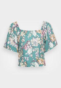 Top con stampa floreale in teal, con maniche a palloncino, scollatura quadrata e una vestibilità rilassata. Realizzato in tessuto leggero.