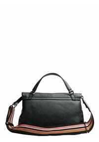 Borse in pelle nera con finitura testurizzata, manico superiore e tracolla regolabile con strisce rosa e arancioni.