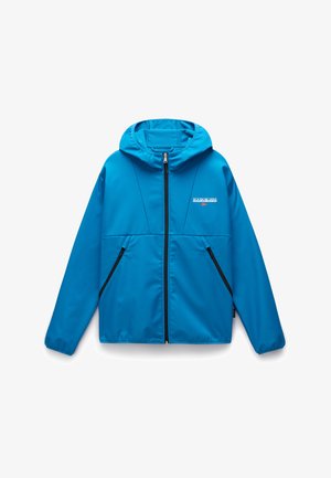 Giacca leggera blu con cappuccio, chiusura frontale con zip e due tasche laterali. Presenta un logo sul lato sinistro superiore e zip a contrasto.