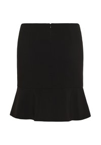 Black flared skirt with a fitted waist, featuring subtle seam details and a back zipper closure. Smooth fabric texture with an elegant finish.