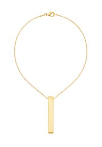 Collana d'oro con un pendente rettangolare liscio su una catena delicata, dotata di un efficiente moschettone per una chiusura sicura.