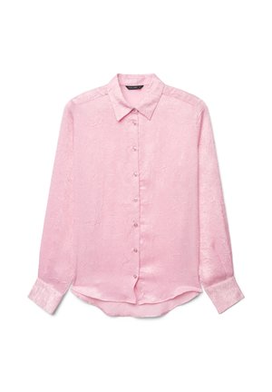 Pink long-sleeve blouse featuring a textured finish, classic collar, and button-down front. The sleeves have buttoned cuffs.