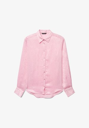 Pink long-sleeve blouse featuring a textured finish, classic collar, and button-down front. The sleeves have buttoned cuffs.