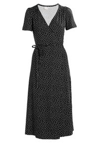 Czarna sukienka w stylu wrap z krótkimi rękawami, w białe kropki. Wykonana z lekkiego materiału, z wiązaniem w talii.