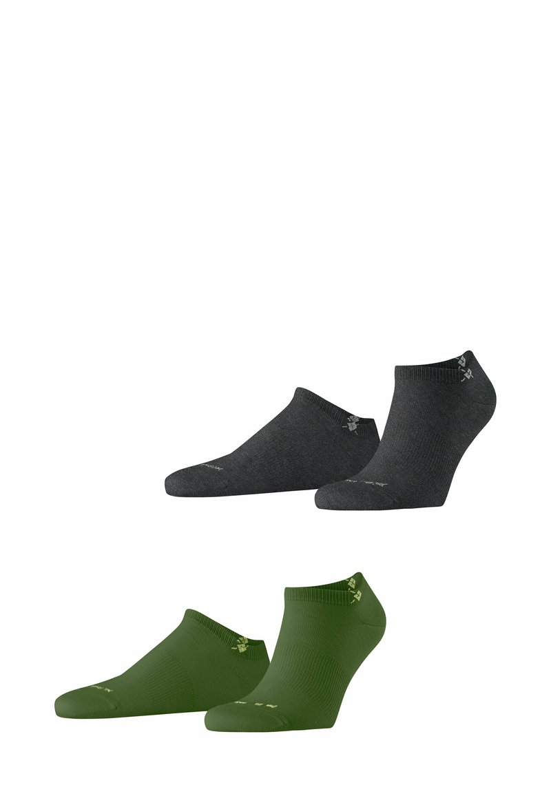 Deux paires de chaussettes de longueur chevillère : une grise foncé et une olive, chacune ornée d'un logo sur le revers, présentées sur un fond blanc.