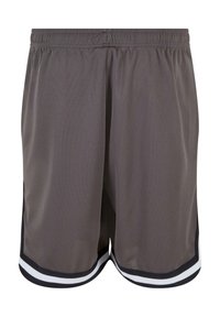 Short de sport gris avec une ceinture élastique et une bordure noire et blanche à l'ourlet, vu de face.