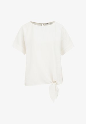 Hvid kortærmet top lavet af let stof. Har en rund neckline, nøglehul bagpå og en knyttet detalje ved kanten.