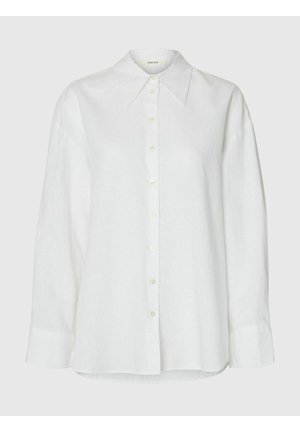 Witte overhemd met lange mouwen, knoopsluiting, puntige kraag en knopen aan de voorkant, afgebeeld tegen een neutrale achtergrond.