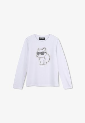Witte lange mouwen shirt met een gestippelde omtrek van een kat met een zonnebril en de tekst Karl Lagerfeld onder de kat.
