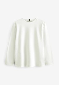 Wit T-shirt met lange mouwen van zachte stof, met een ronde halslijn, licht gebogen zoom en zonder zichtbare patronen of versieringen.