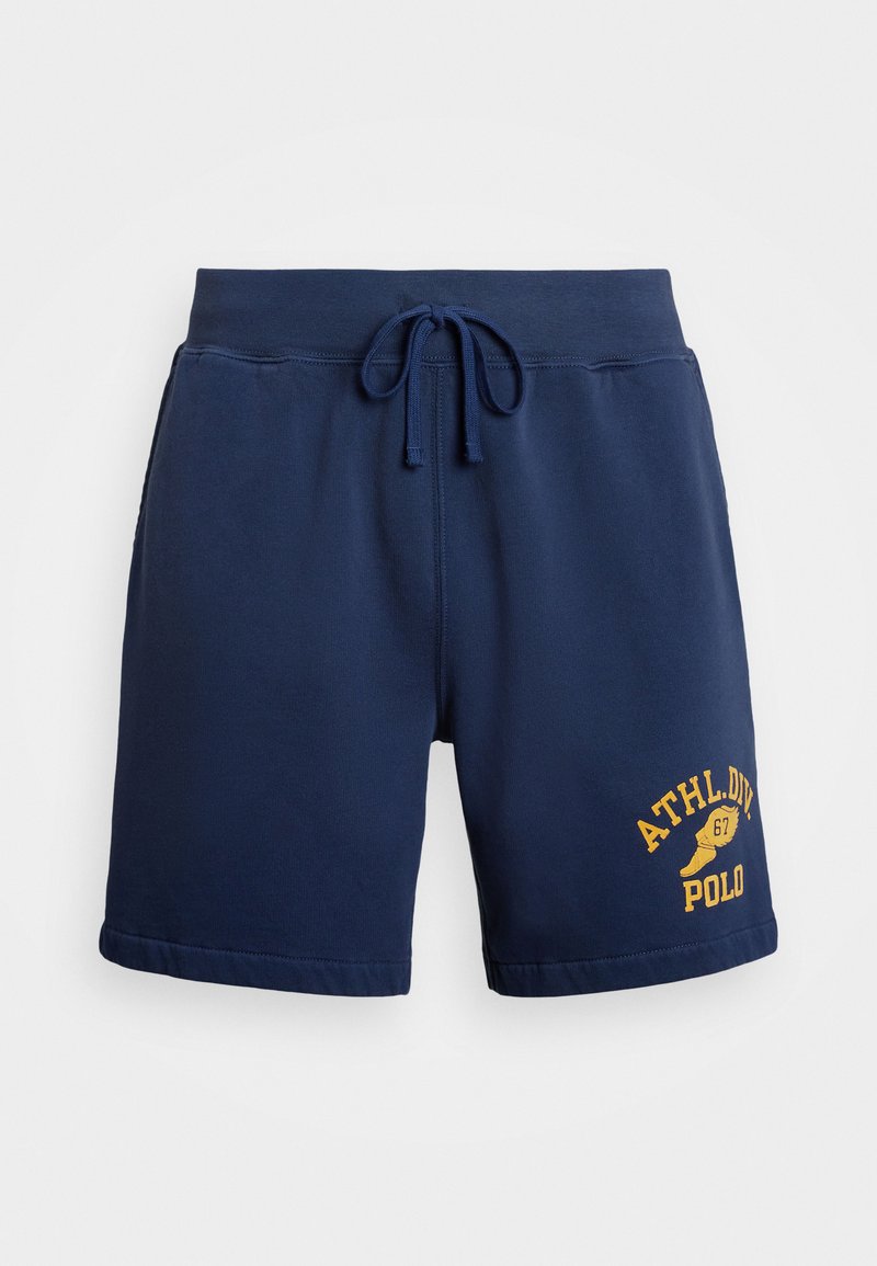 Marineblå svedshorts lavet af bomuldsblanding, med elastisk talje og snor samt gul "ATHL.DIV 67 POLO" grafisk detalje.