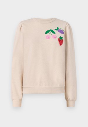 Beige sweatshirt with long sleeves, ribbed cuffs, and hem. Features colorful embroidered fruit designs: cherries, strawberries, and leaves.