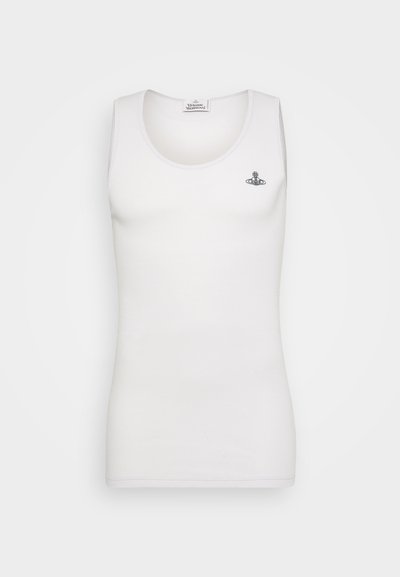 Balta be rankovių marškinėliai su apvaliu iškirpimu, pagaminti iš švelnios medžiagos. Dekoruoti mažu juodu logotipu kairėje krūtinės pusėje.