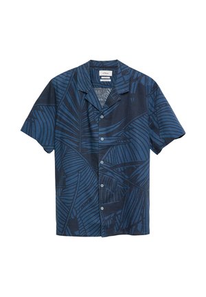 Chemise à manches courtes boutonnée avec un grand motif de feuilles bleu foncé et marine et un col camp.