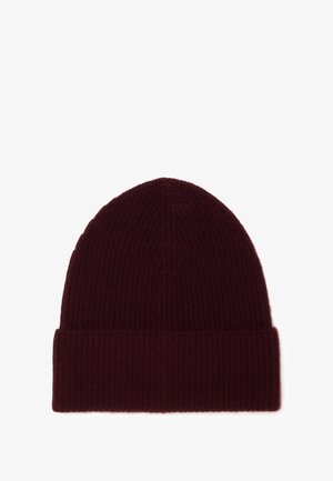 Bonnet en tricot bordeaux avec une texture côtelée, un revers replié et un haut arrondi. Fabriqué en fil doux, idéal pour les temps froids.