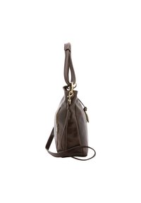 Borsa a mano in pelle marrone con una forma strutturata, cerniera laterale e tracolla removibile. Presenta una texture liscia e pochi dettagli in metallo.