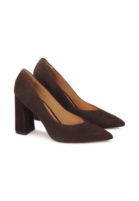 Décolleté in suede marrone scuro con tacco a blocco largo e punta affusolata. L'interno presenta una fodera beige. Texture liscia su tutta la superficie.