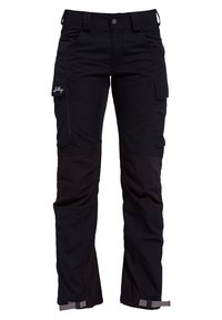 Pantalon cargo noir avec multiples poches, renforts aux genoux, passants pour ceinture et sangles ajustables aux chevilles.