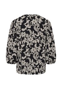 Schwarze Bluse mit weißem Blumen- und Wirbelmuster, ausgestattet mit langen, leicht gepufften Ärmeln und einem runden Ausschnitt.