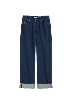Dunkelblaue Jeans aus Denim mit geradem Bein, umgeschlagenen Säumen, sichtbarem Stich und klassischem Fünf-Taschen-Stil.