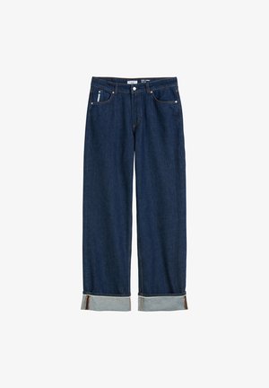 Dark blue denim jeans with a straight leg design, folded cuffs, visible stitching, and a classic five-pocket style.