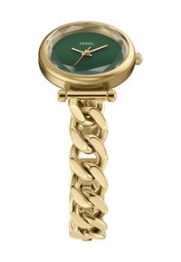 Goudkleurig polshorloge met een groene wijzerplaat en een gefacetteerde kristal. Armbandontwerp met schakels en gepolijste schakels.