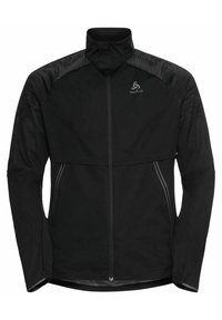 Zwarte sportjack met hoge kraag, voorzien van een rits aan de voorkant, textuurpanelen op de schouders en reflecterende accenten. Zachte stofafwerking.
